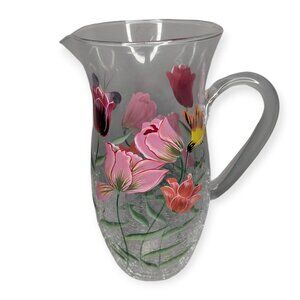 Vintage Fifth Avenue Crystal Hand Painted Floral Crackle Glass Drinking Pitcher